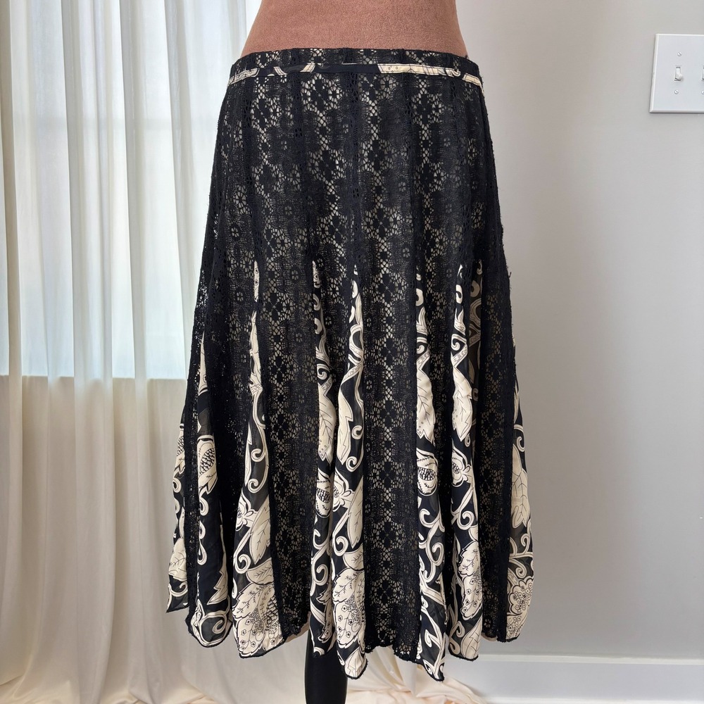 Y2K Vintage Bandolino Midi Skirt 10 Black Floral Lace Whimsigoth Fairy Boho Chic